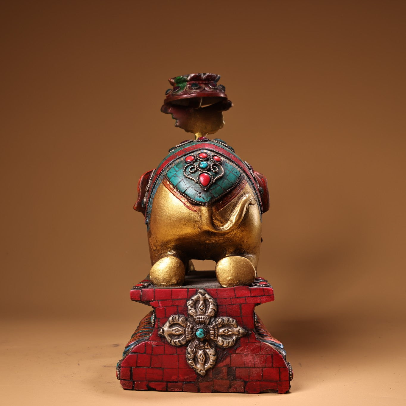 A2295 Old Tibetan Gilt Gold Bronze Inlay Turquoise & Gems Elephant Candlestick Statue