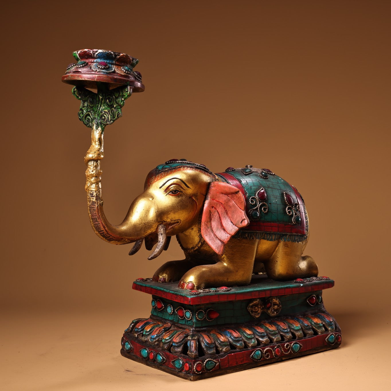 A2295 Old Tibetan Gilt Gold Bronze Inlay Turquoise & Gems Elephant Candlestick Statue