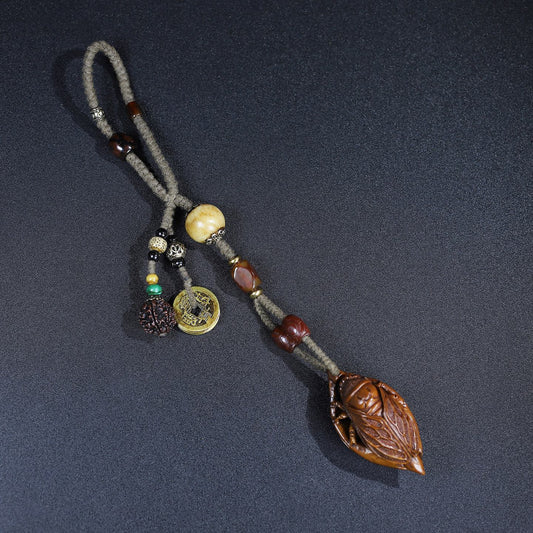 A2297 Vintage Olive Nut Carved Fortune Cicada Hand Woven Pendant