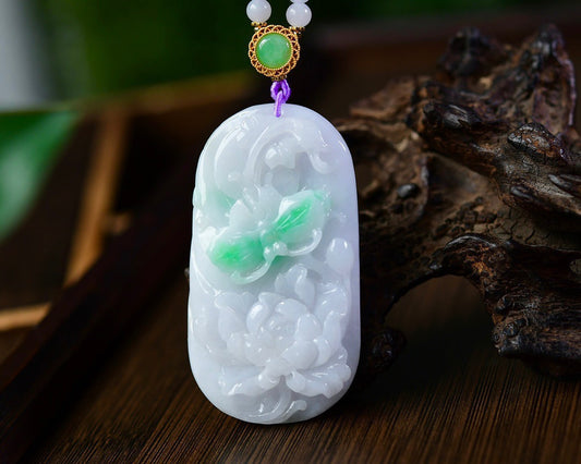 A2302 Exquisite Jadeite Carved Butterfly & Flower Pendant w Hand Woven Beads Necklace