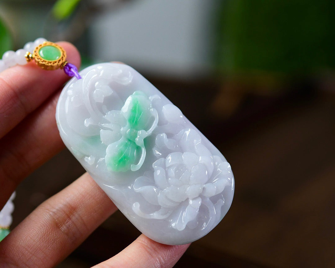 A2302 Exquisite Jadeite Carved Butterfly & Flower Pendant w Hand Woven Beads Necklace
