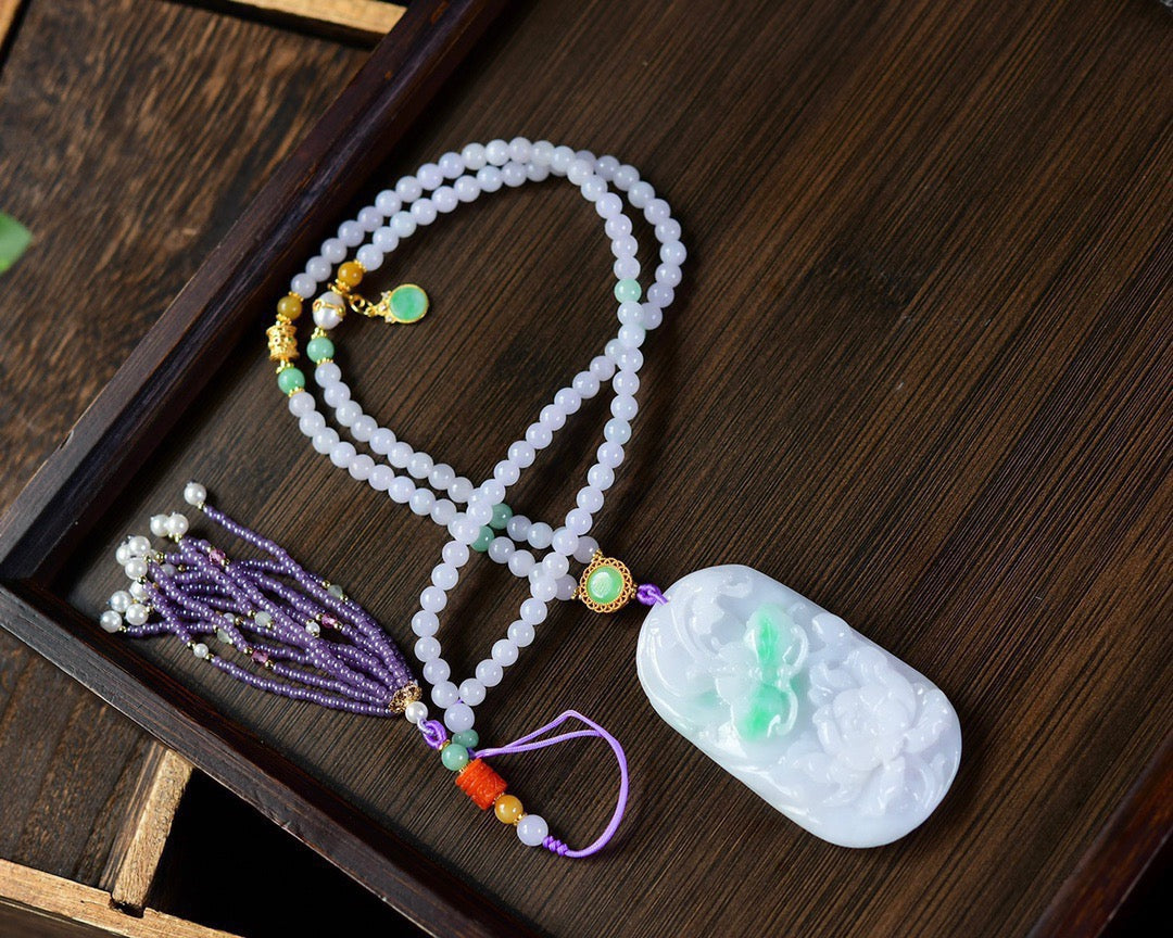 A2302 Exquisite Jadeite Carved Butterfly & Flower Pendant w Hand Woven Beads Necklace