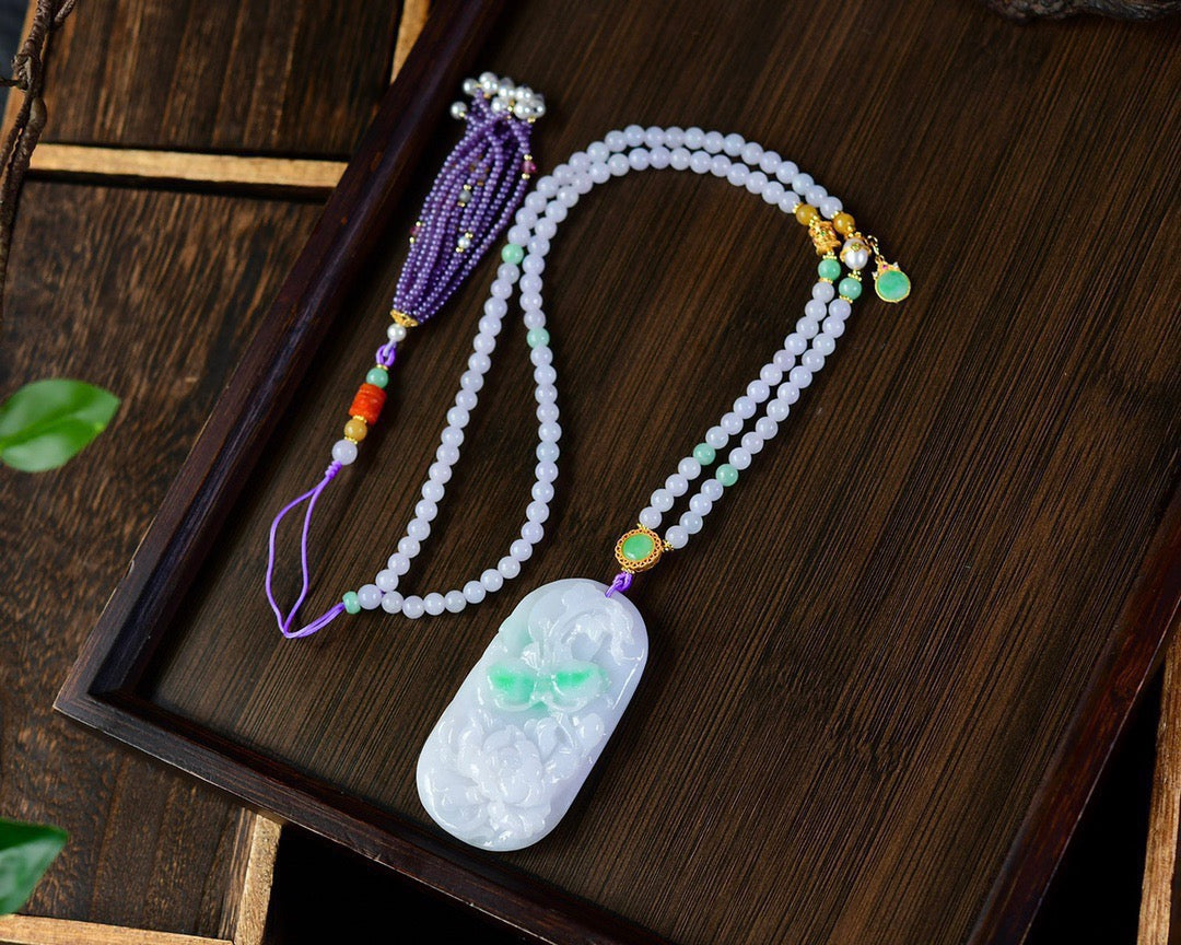 A2302 Exquisite Jadeite Carved Butterfly & Flower Pendant w Hand Woven Beads Necklace