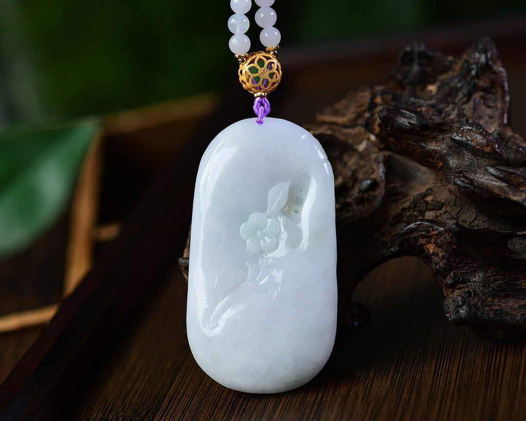 A2302 Exquisite Jadeite Carved Butterfly & Flower Pendant w Hand Woven Beads Necklace