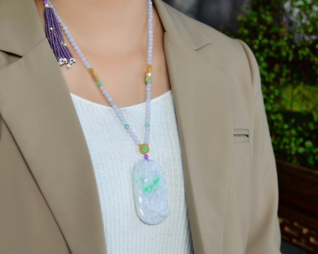 A2302 Exquisite Jadeite Carved Butterfly & Flower Pendant w Hand Woven Beads Necklace