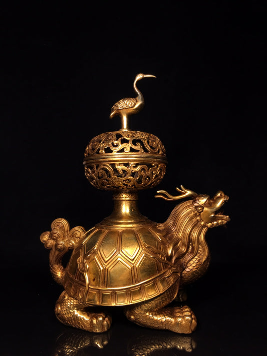 A2307 Chinese Gilt Gold Copper Dragon Turtle Incense Burner