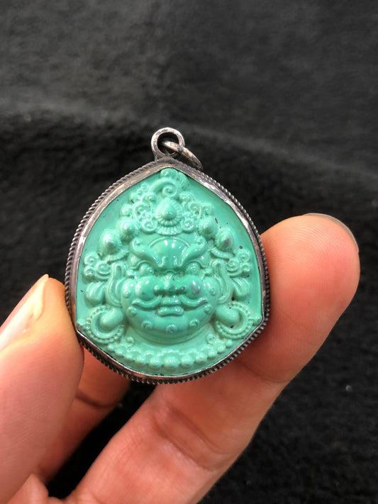 A2308 Chinese Pure Silver Inlay Turquoise Yellow Jambhala Pendant
