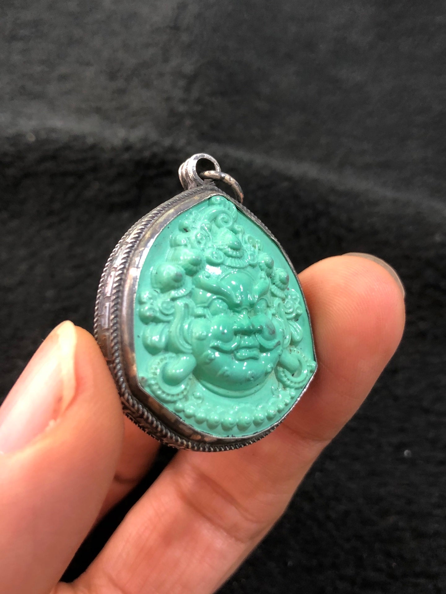 A2308 Chinese Pure Silver Inlay Turquoise Yellow Jambhala Pendant