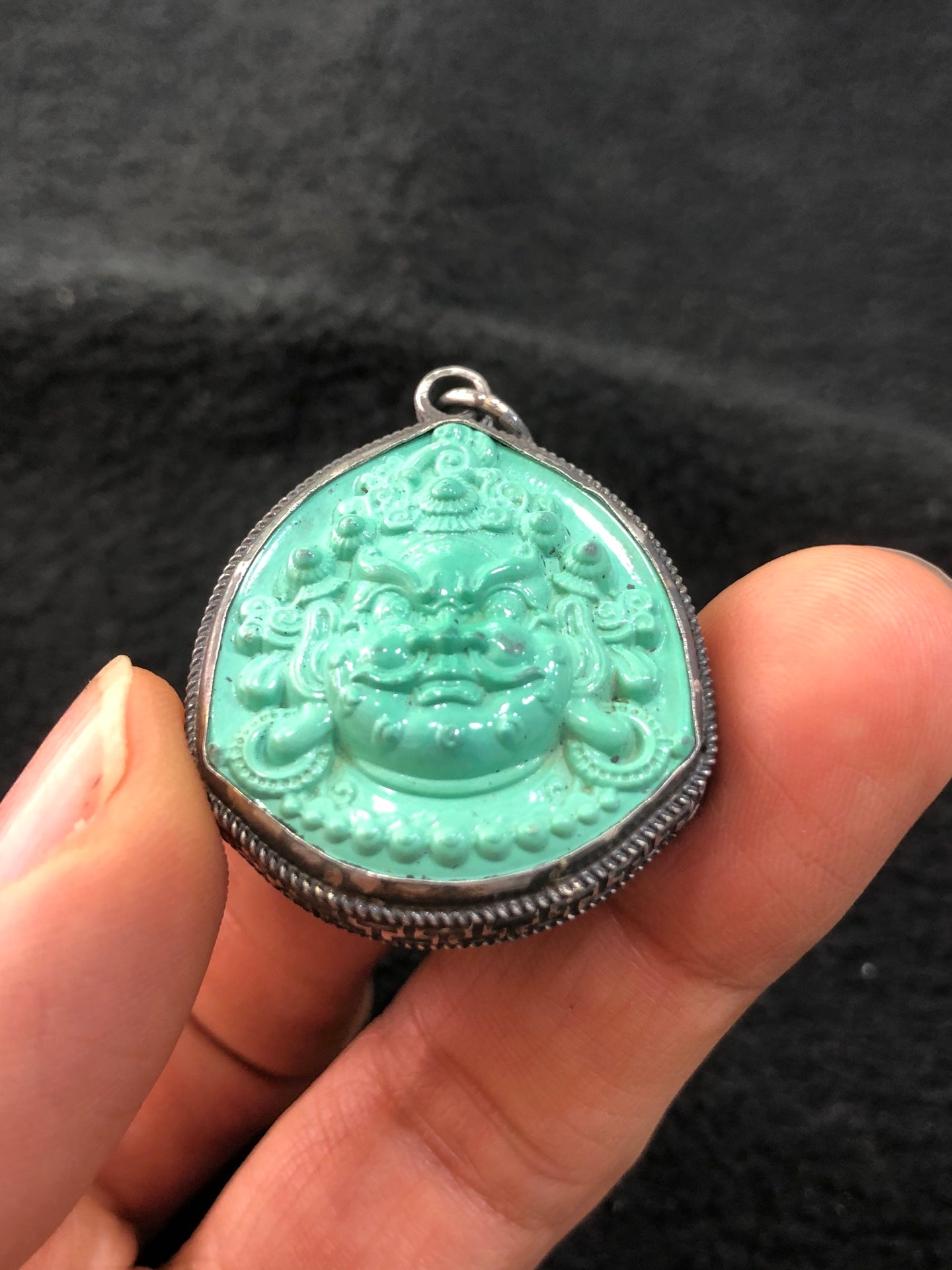 A2308 Chinese Pure Silver Inlay Turquoise Yellow Jambhala Pendant