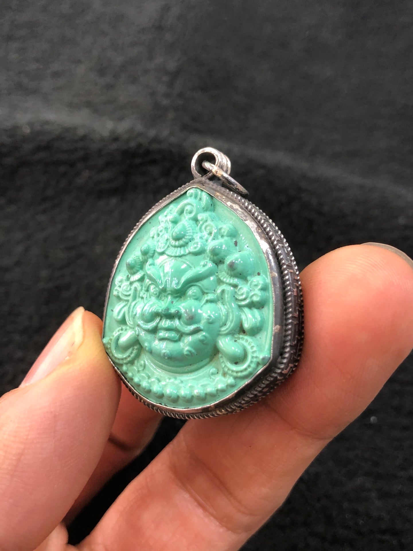 A2308 Chinese Pure Silver Inlay Turquoise Yellow Jambhala Pendant