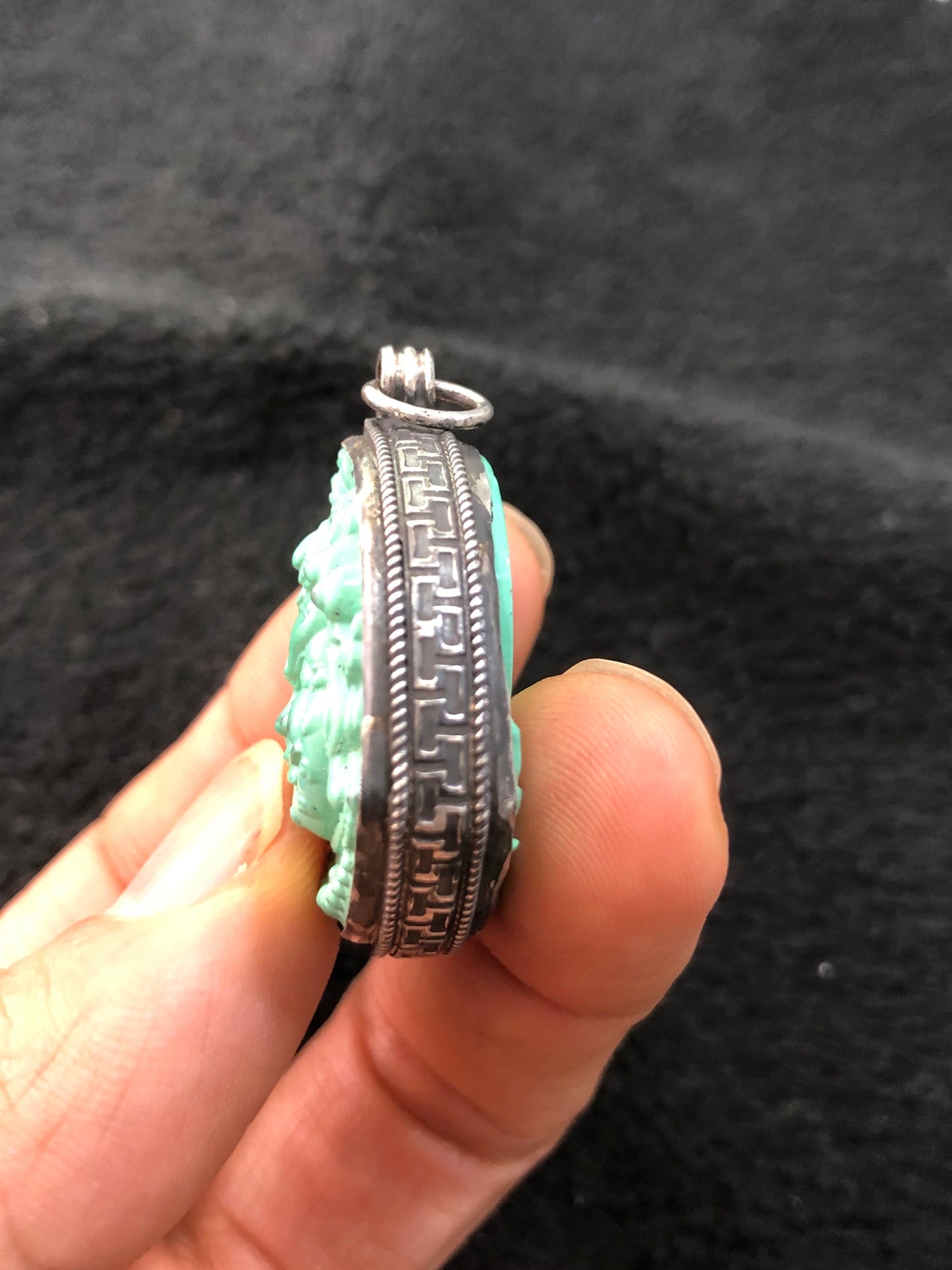 A2308 Chinese Pure Silver Inlay Turquoise Yellow Jambhala Pendant