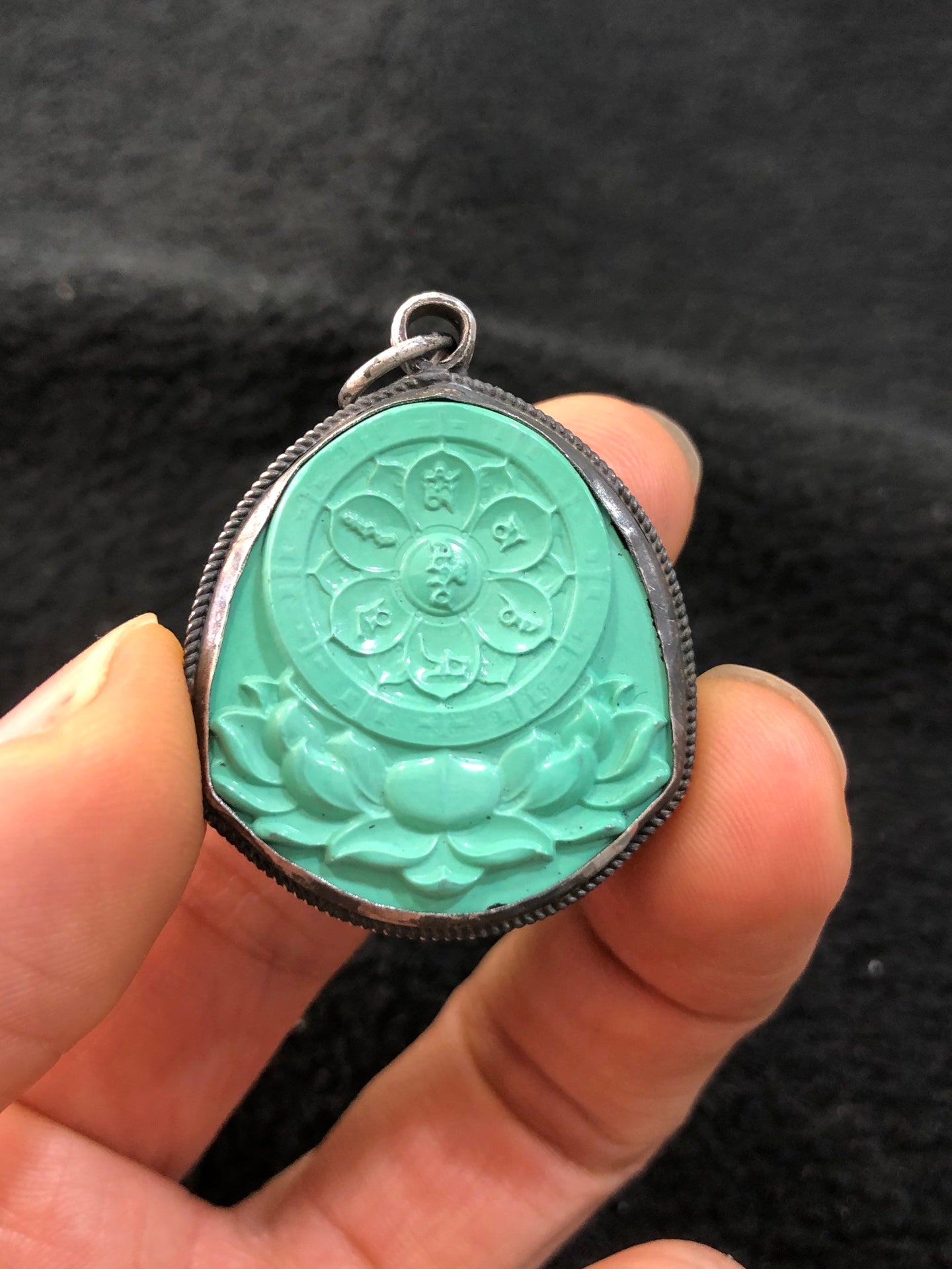 A2308 Chinese Pure Silver Inlay Turquoise Yellow Jambhala Pendant