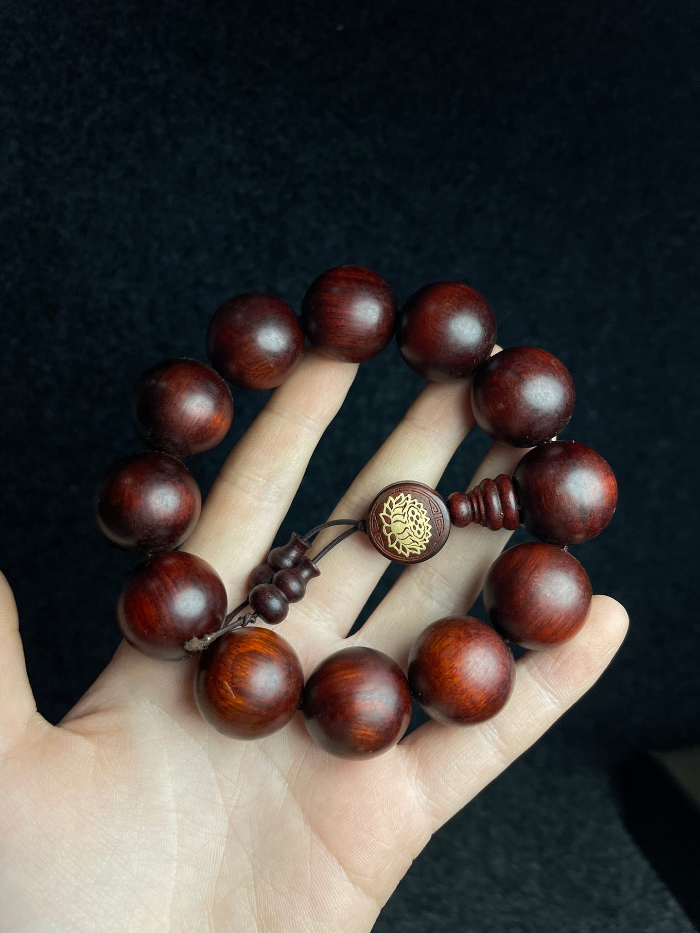 A2309 Chinese Zitan Wood Beads Bracelet w Huali Wood Inlay Shell Box