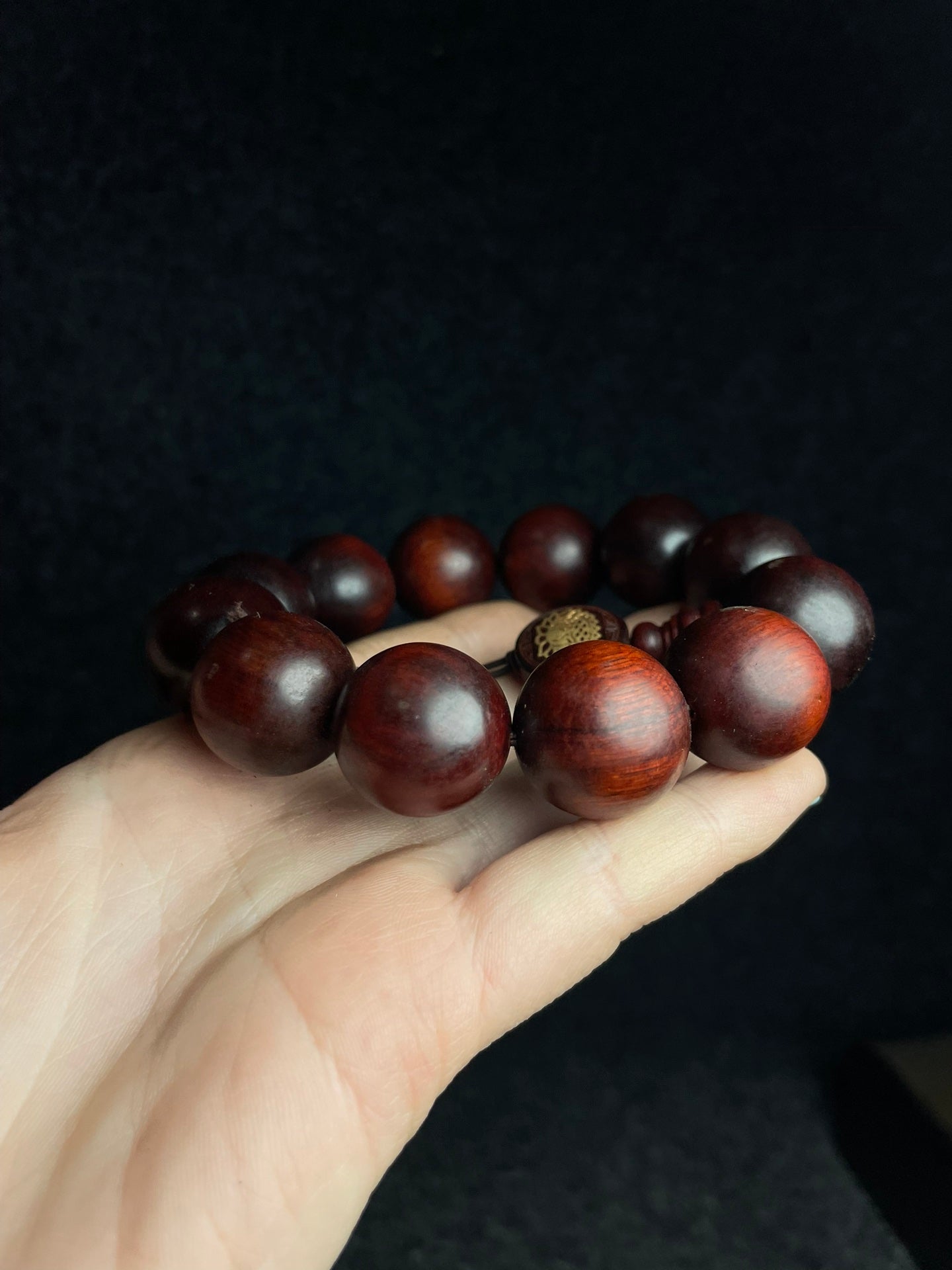 A2309 Chinese Zitan Wood Beads Bracelet w Huali Wood Inlay Shell Box