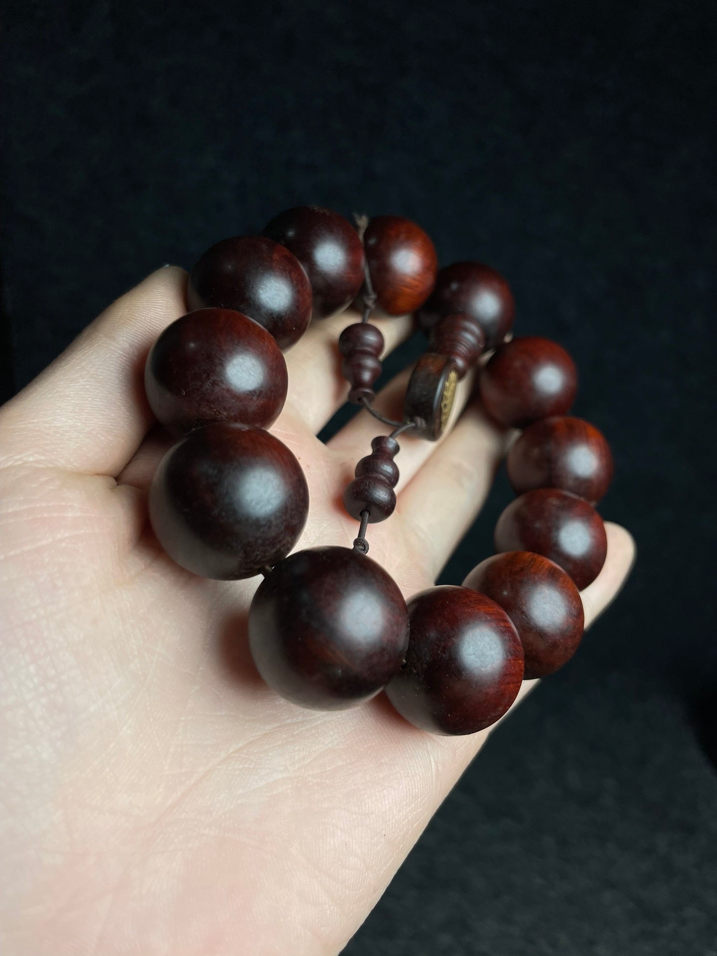 A2309 Chinese Zitan Wood Beads Bracelet w Huali Wood Inlay Shell Box