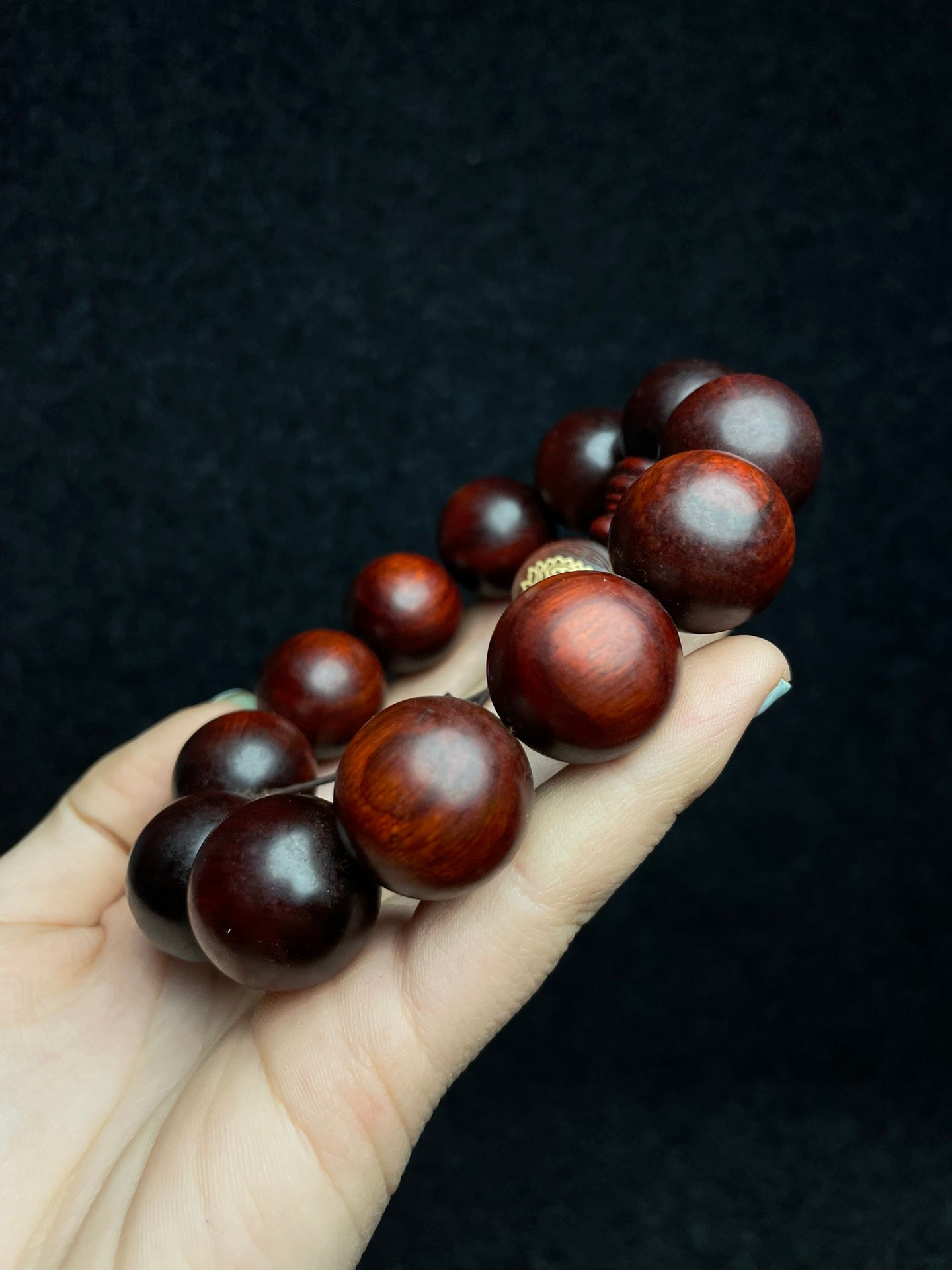 A2309 Chinese Zitan Wood Beads Bracelet w Huali Wood Inlay Shell Box