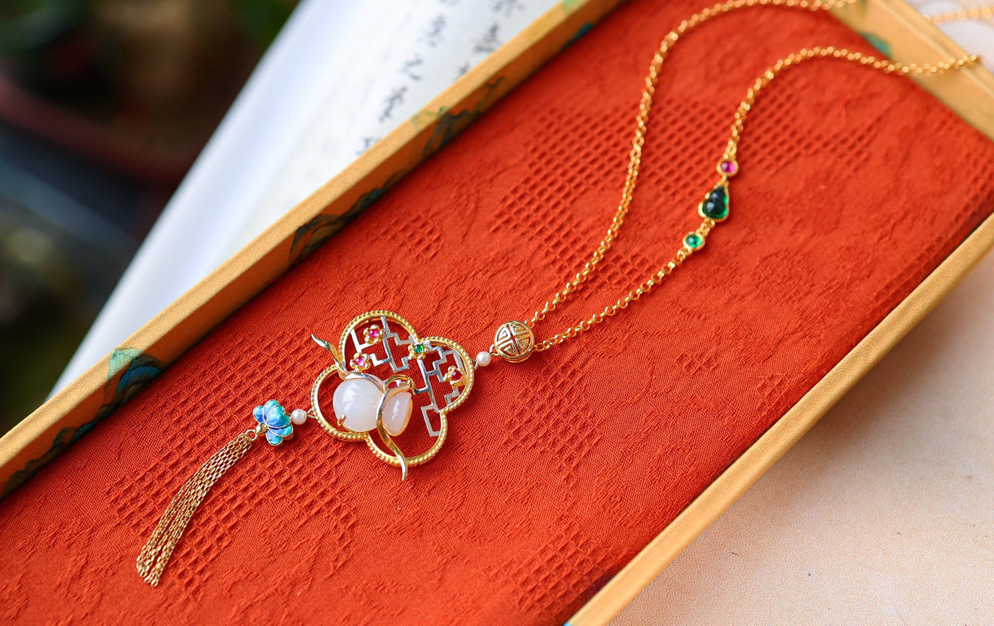 A2310 Chinese Silver Plated Gilt Gold Inlay Hetian Jade & Gem Money Bag Pendant