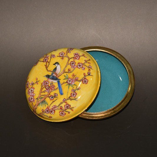A2313 Chinese Gilt Gold Copper Enamel Plum Flower & Magpie Rouge Box