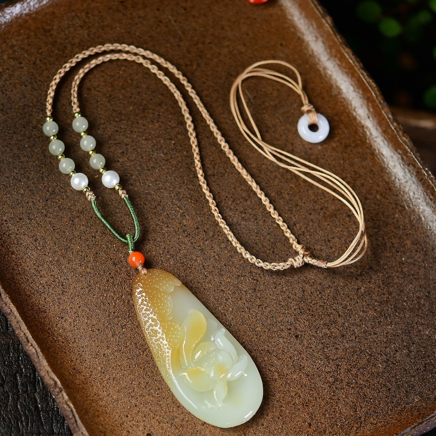 A2325 Chinese Natural Hetian Jade Carved Lotus Flower Pendant w Hand Woven Necklace