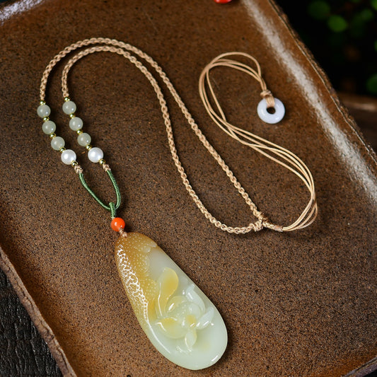 A2325 Chinese Natural Hetian Jade Carved Lotus Flower Pendant w Hand Woven Necklace