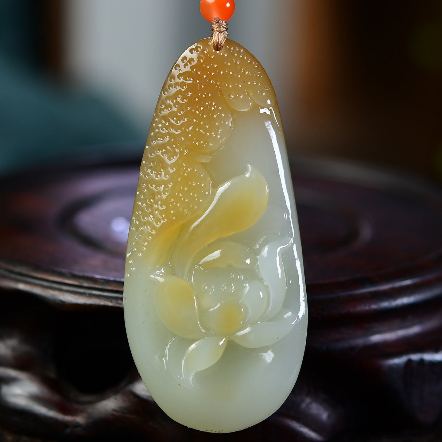 A2325 Chinese Natural Hetian Jade Carved Lotus Flower Pendant w Hand Woven Necklace