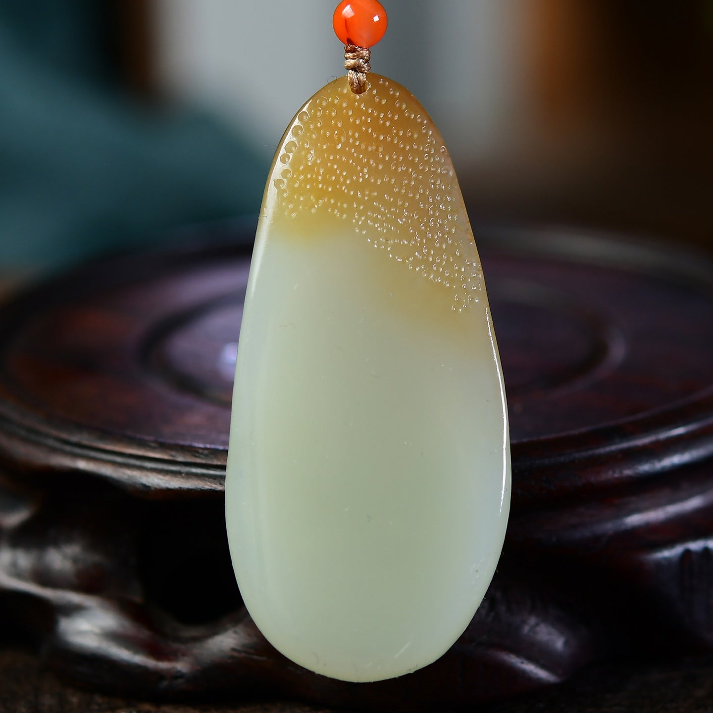 A2325 Chinese Natural Hetian Jade Carved Lotus Flower Pendant w Hand Woven Necklace