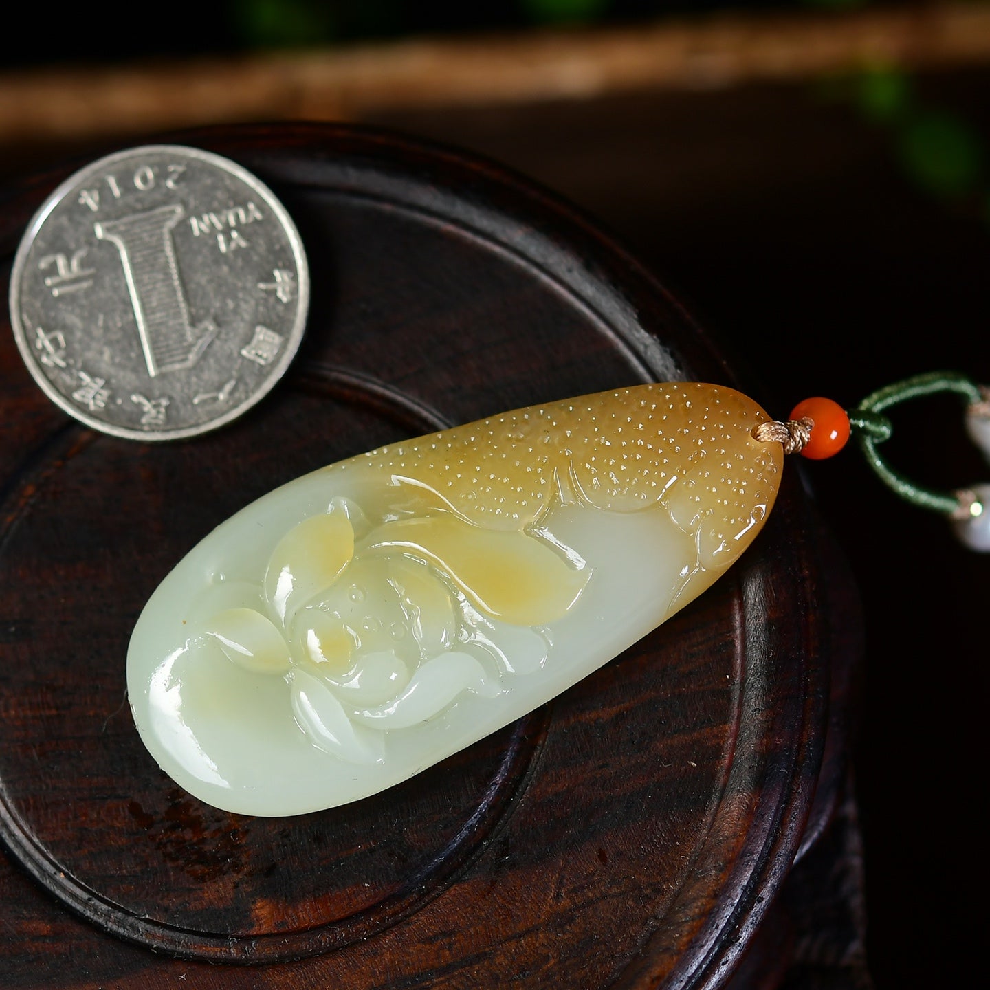 A2325 Chinese Natural Hetian Jade Carved Lotus Flower Pendant w Hand Woven Necklace