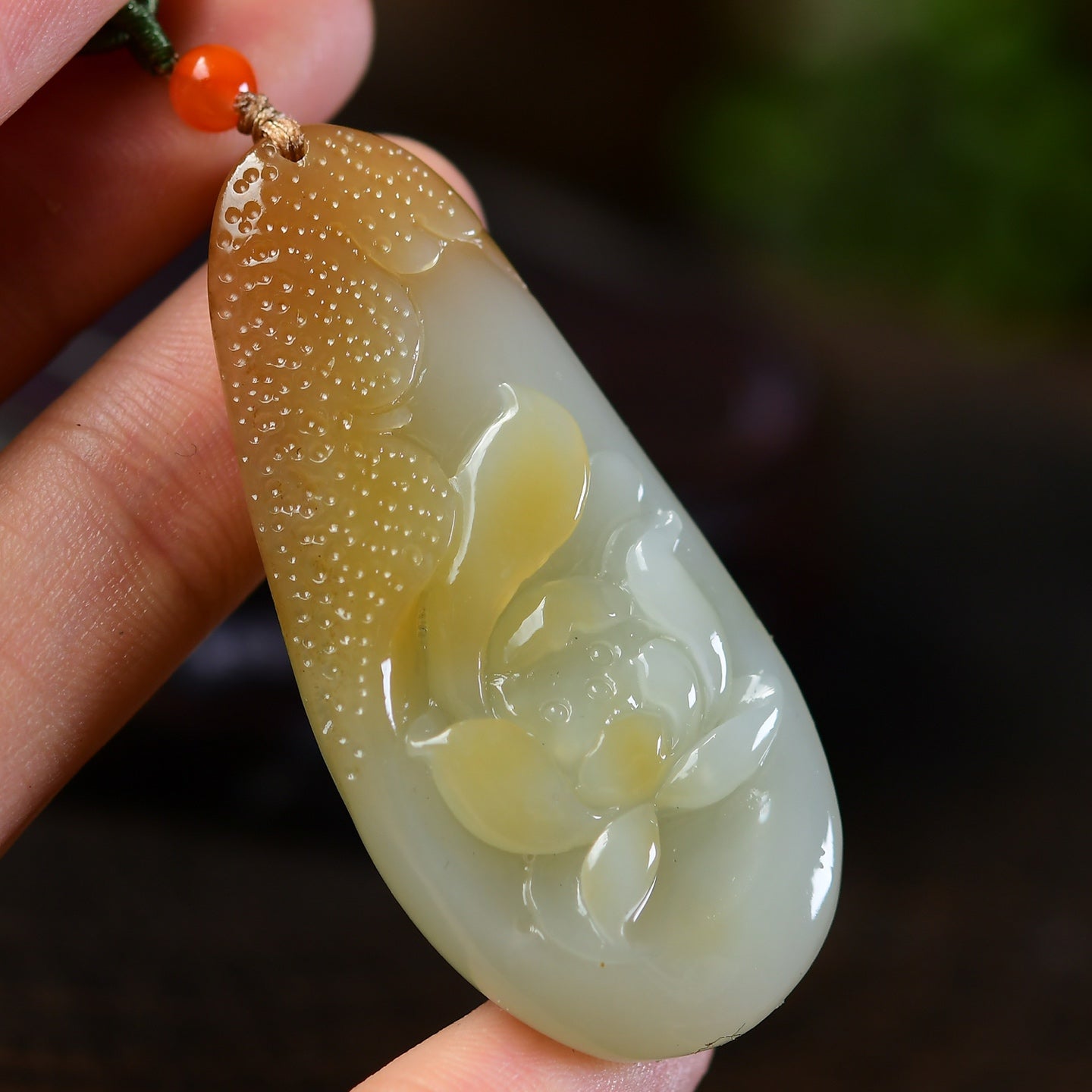 A2325 Chinese Natural Hetian Jade Carved Lotus Flower Pendant w Hand Woven Necklace