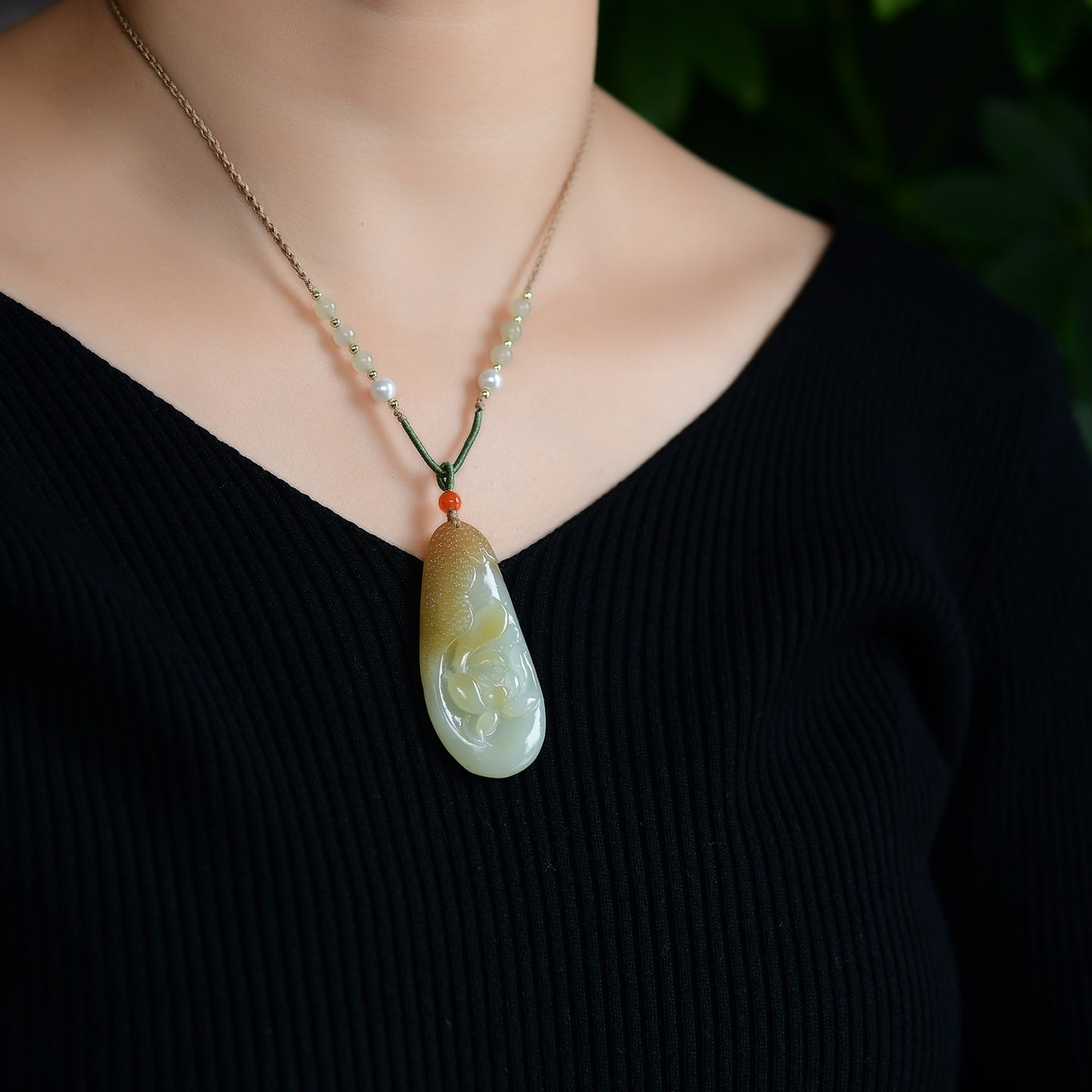 A2325 Chinese Natural Hetian Jade Carved Lotus Flower Pendant w Hand Woven Necklace