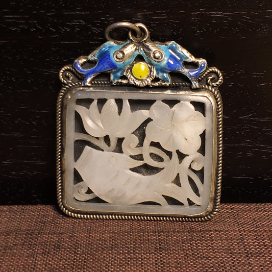 A2326 Chinese Pure Silver Inlay Hetian Jade Carved Carp & Lotus Flower Pendant