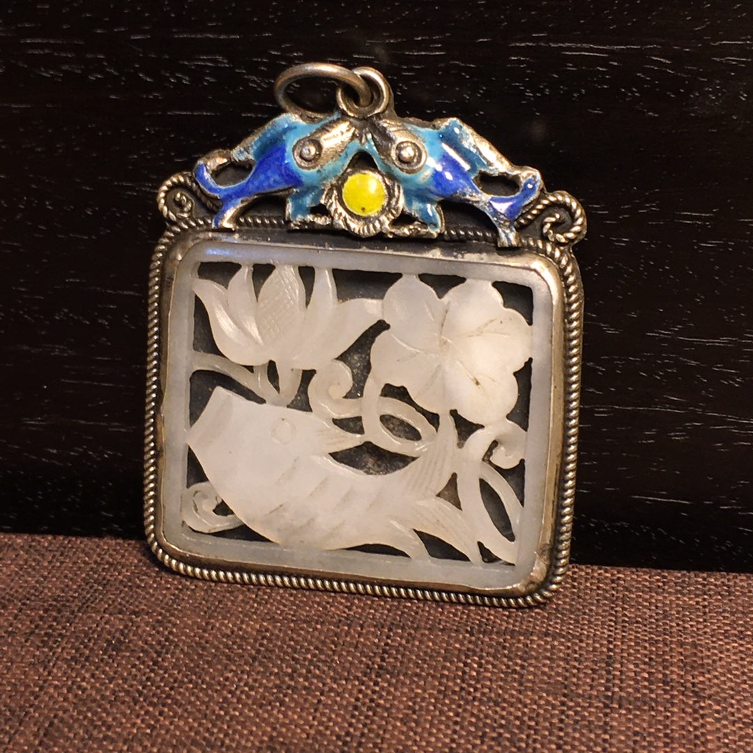 A2326 Chinese Pure Silver Inlay Hetian Jade Carved Carp & Lotus Flower Pendant