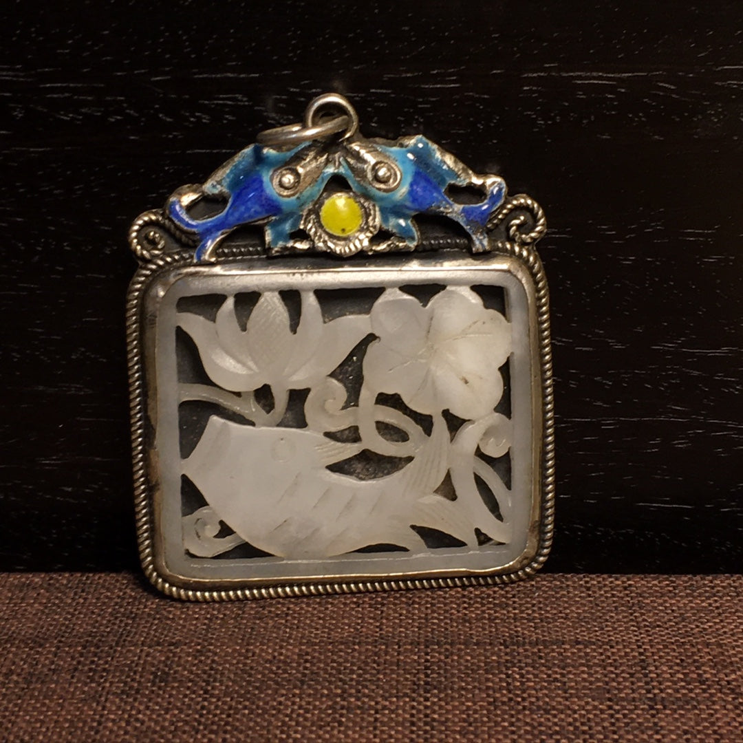 A2326 Chinese Pure Silver Inlay Hetian Jade Carved Carp & Lotus Flower Pendant