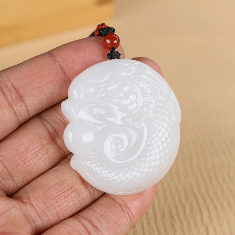 A2329 Chinese Natural Hetian Jade Dragon Fish Pendant