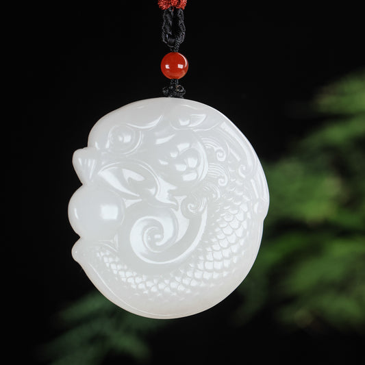A2329 Chinese Natural Hetian Jade Dragon Fish Pendant