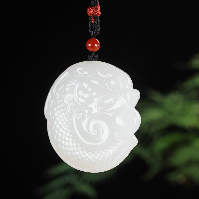 A2329 Chinese Natural Hetian Jade Dragon Fish Pendant