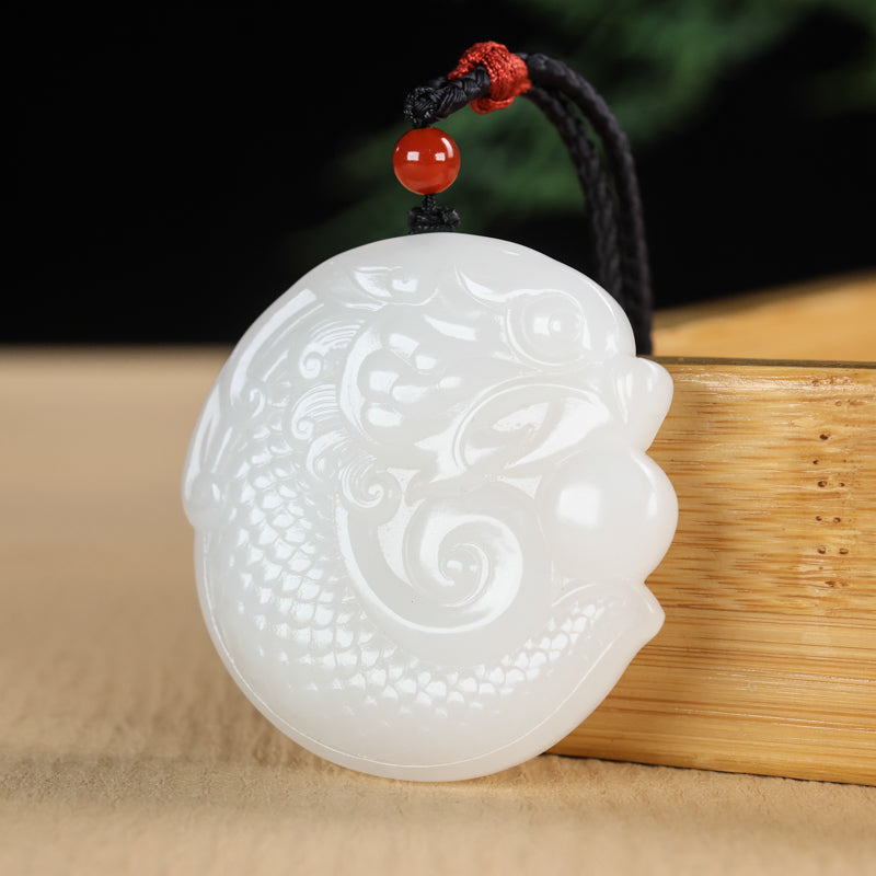 A2329 Chinese Natural Hetian Jade Dragon Fish Pendant