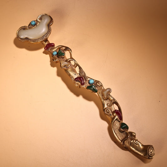 A2334 Vintage Chinese Gilt Gold Copper Inlay Gem Ruyi Scepter Statue