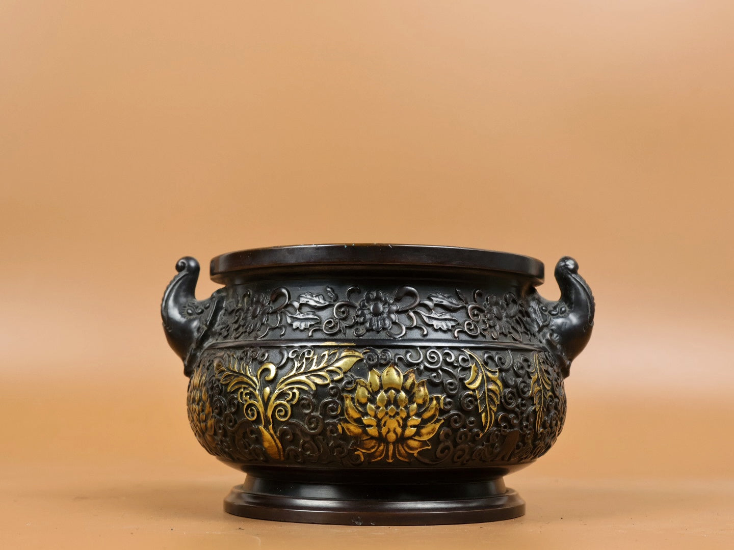 A2343 Vintage Chinese Gilt Gold Copper Double Ear Incense Burner