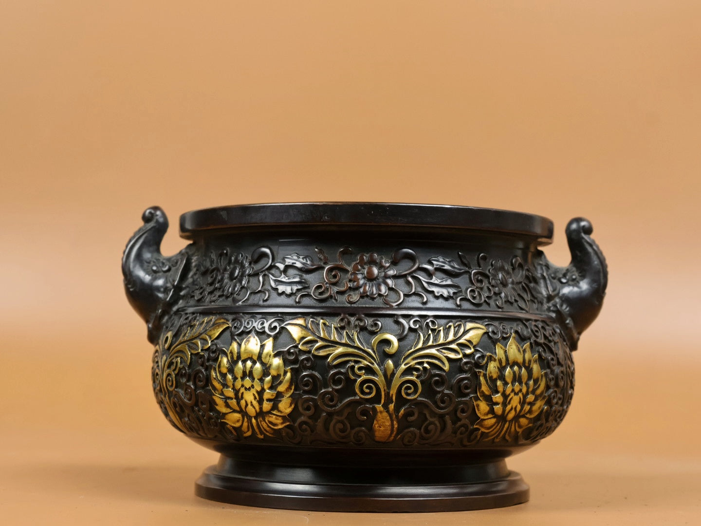 A2343 Vintage Chinese Gilt Gold Copper Double Ear Incense Burner