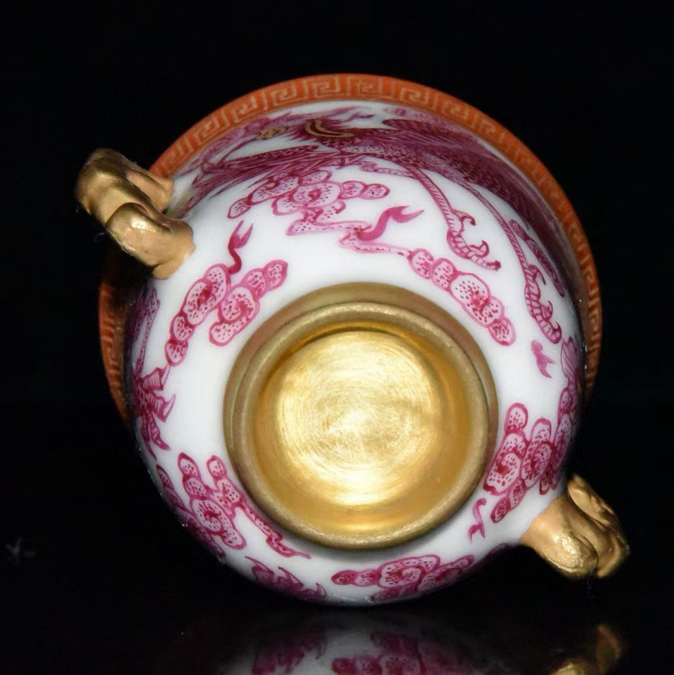 A2344 Chinese Gilt Gold Rouge Red Glaze Dragon Phoenix Design Porcelain Cup & Saucer
