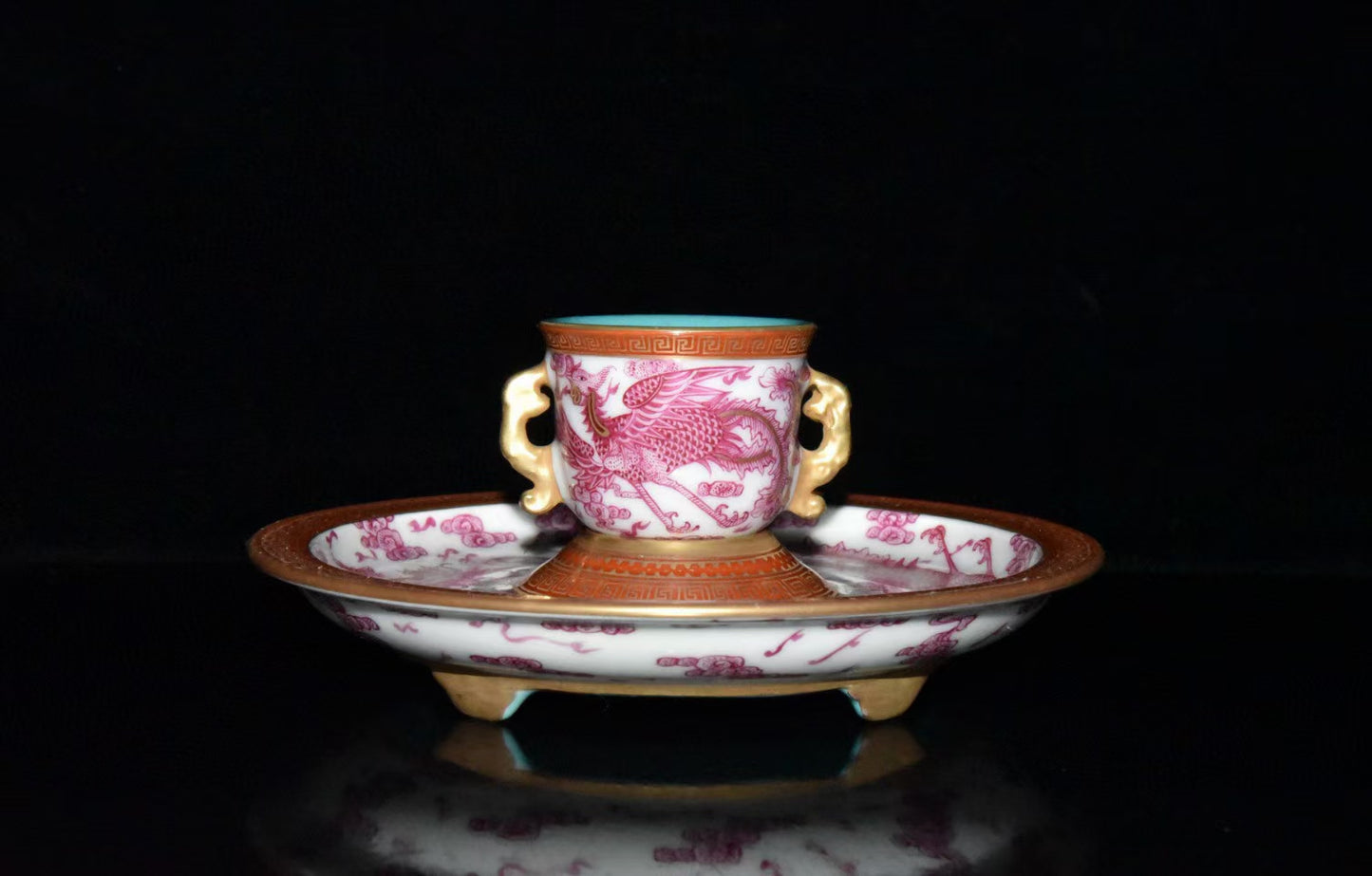 A2344 Chinese Gilt Gold Rouge Red Glaze Dragon Phoenix Design Porcelain Cup & Saucer
