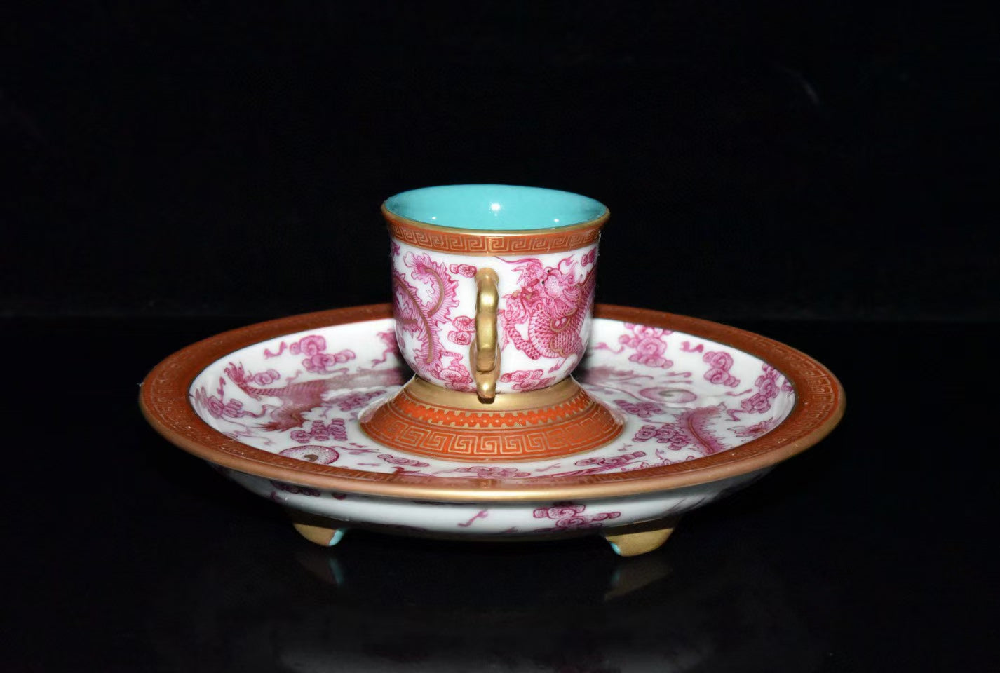 A2344 Chinese Gilt Gold Rouge Red Glaze Dragon Phoenix Design Porcelain Cup & Saucer