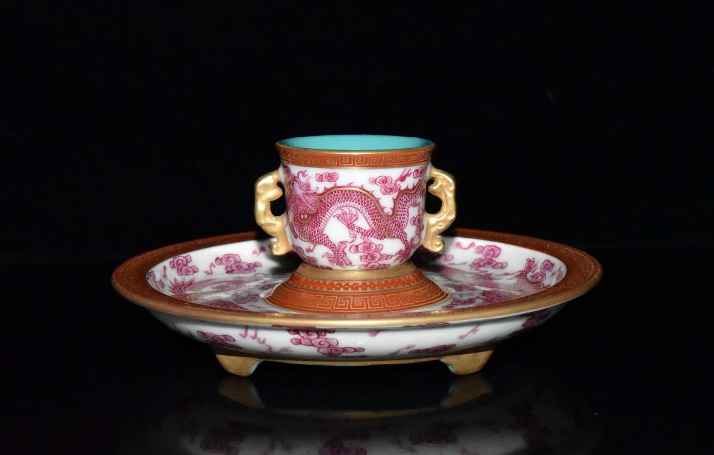 A2344 Chinese Gilt Gold Rouge Red Glaze Dragon Phoenix Design Porcelain Cup & Saucer