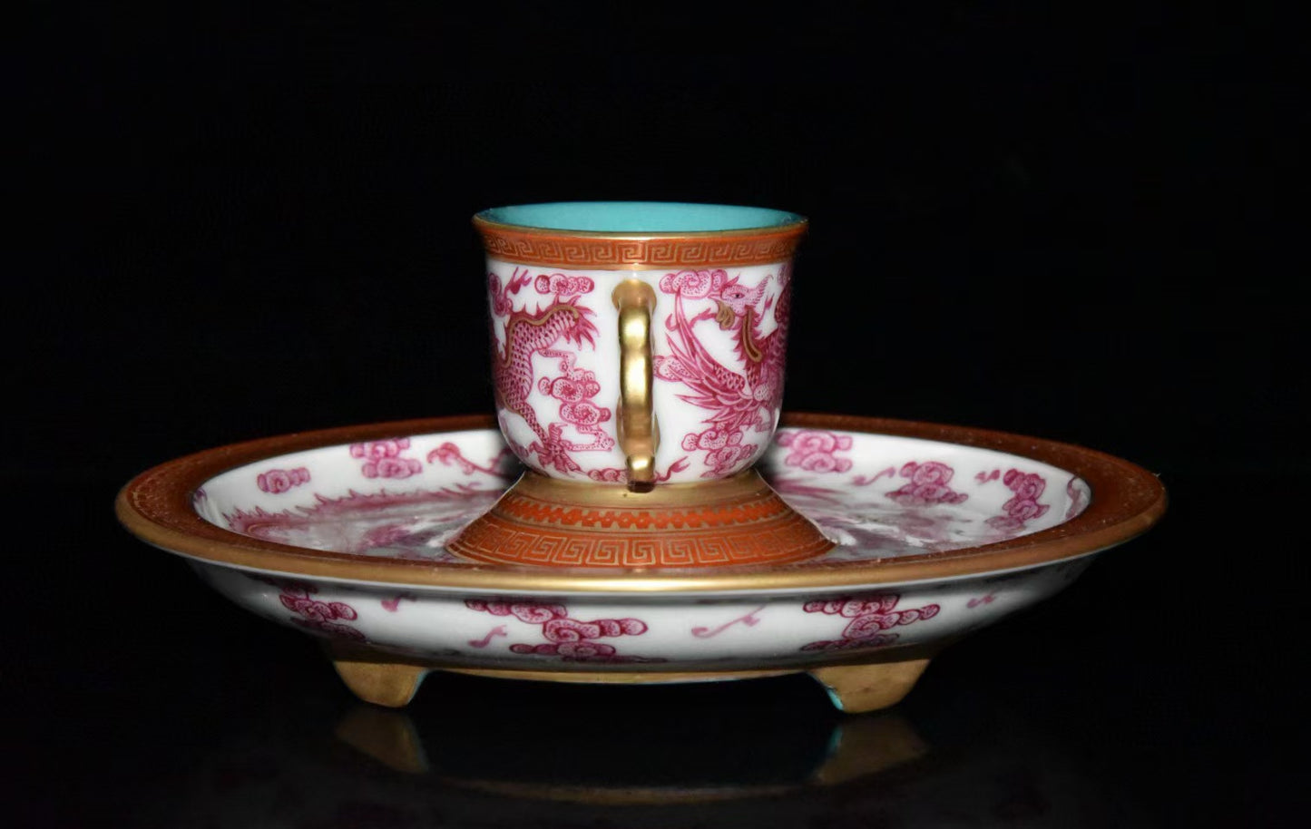 A2344 Chinese Gilt Gold Rouge Red Glaze Dragon Phoenix Design Porcelain Cup & Saucer
