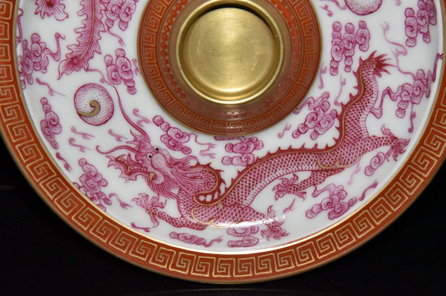 A2344 Chinese Gilt Gold Rouge Red Glaze Dragon Phoenix Design Porcelain Cup & Saucer