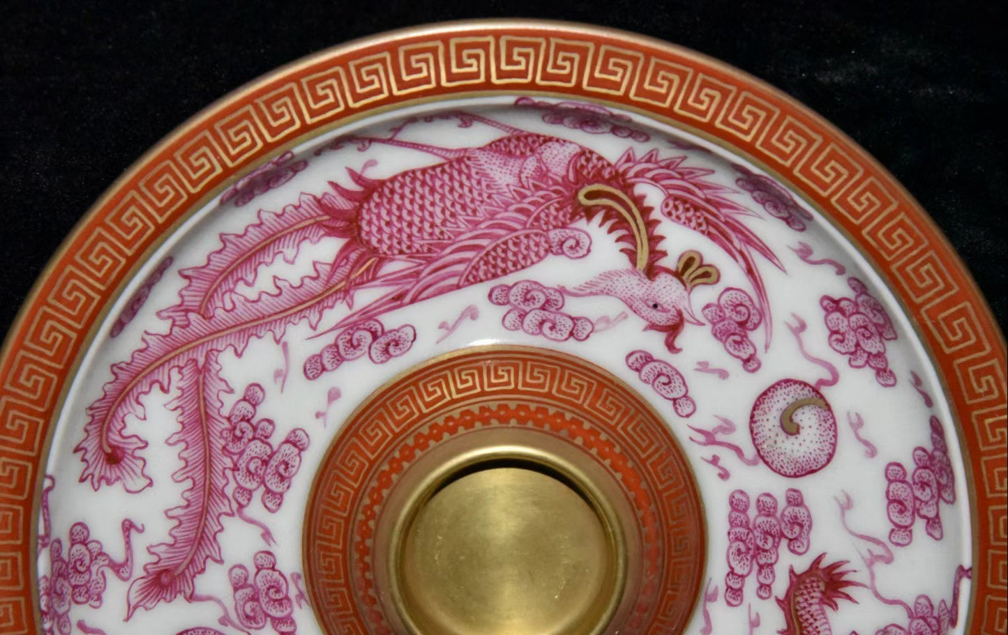 A2344 Chinese Gilt Gold Rouge Red Glaze Dragon Phoenix Design Porcelain Cup & Saucer