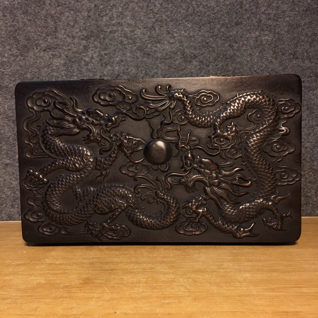 A2355 Old Chinese Zitan Wood Low Relief Fortune Dragon Jewellery Box