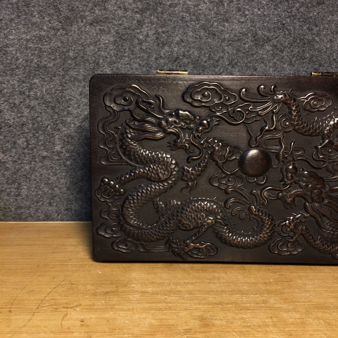 A2355 Old Chinese Zitan Wood Low Relief Fortune Dragon Jewellery Box