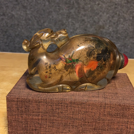 A2356 Old Chinese Peking Glass Inside Painting Locust Snuff Bottle w Stopper