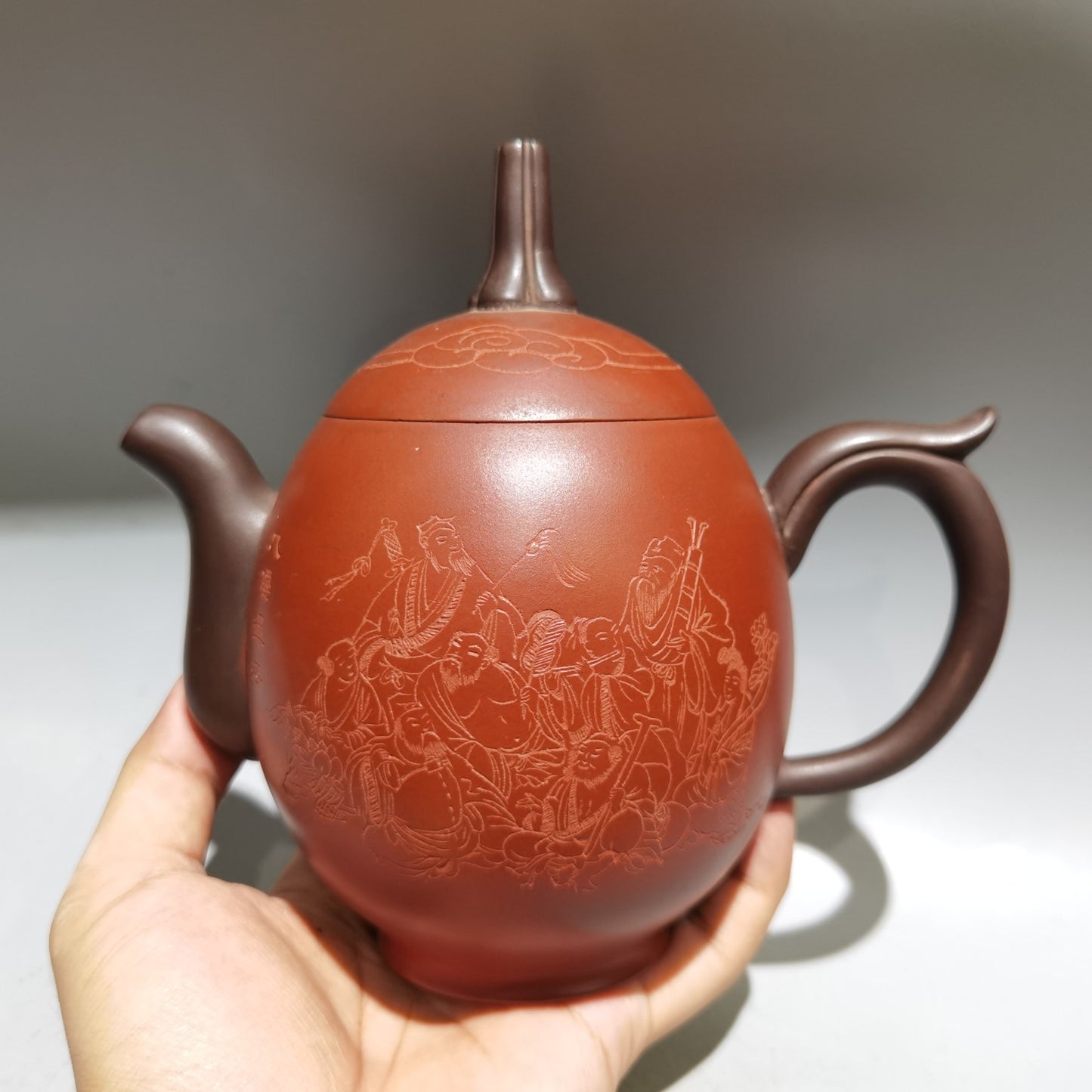 A2362 Chinese Yixing Zisha Clay Eight Taoism Deity Teapot w Artist Signed
